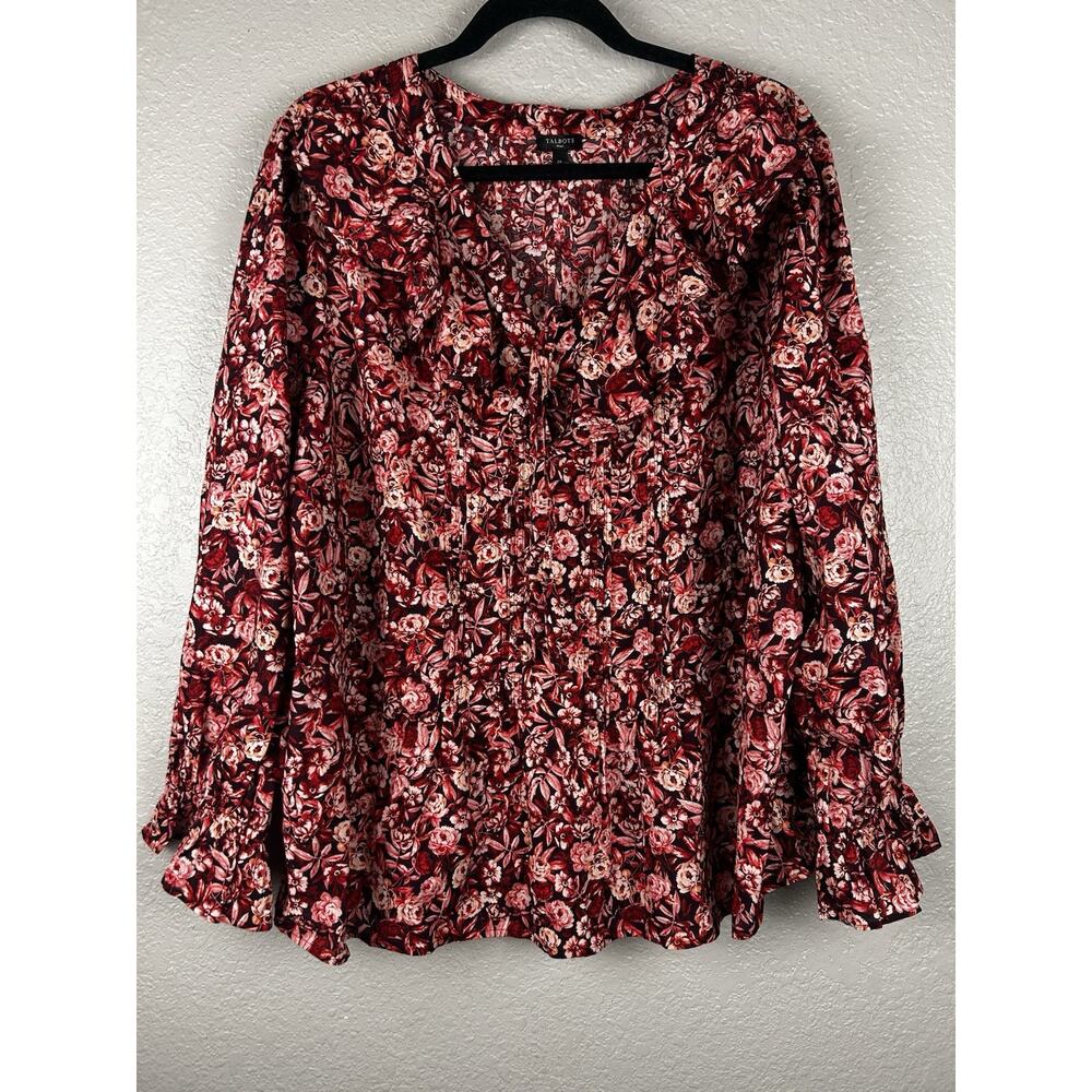 Talbots Cotton Ruffle Tie-Neck Floral Print Long Sleeve Red Pink Blouse Size 2X - Picture 2 of 9